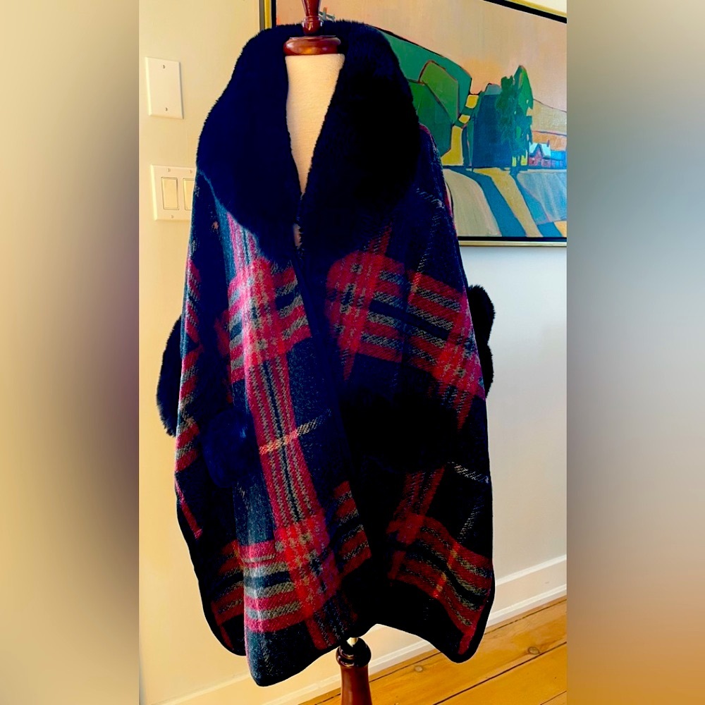 Cozy chic charcoal,black and dark red plaid cape with black faux fur details